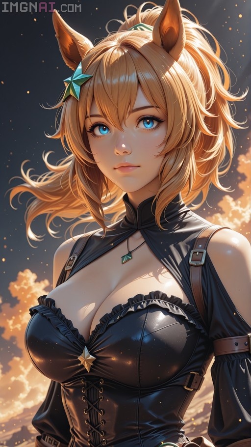 Taiki Shuttle from Umamusume with blonde hair and horse ears wearing a black outfit against a sunset sky.