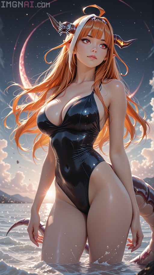 Kiryu Coco standing in ocean water wearing a black one-piece swimsuit, featuring dragon horns and tail against a sunset sky with a crescent moon.