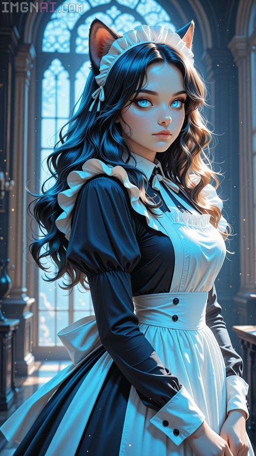 A digital illustration of a young woman with long wavy dark hair and cat ears, wearing a black and white maid uniform with ruffles, standing indoors near large arched windows.