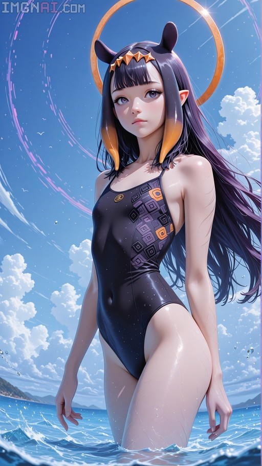Ninomae Ina'nis standing in the ocean wearing a black one-piece swimsuit with geometric patterns