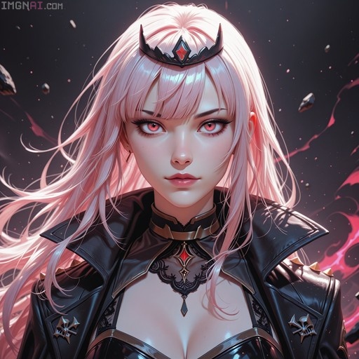 Mori Calliope portrait showing long pink hair, red eyes, a black spiked jacket, and a tiara with a red gem.