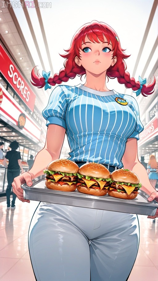 A red-haired anime girl with twin braids wearing a blue striped uniform holds a tray of three large cheeseburgers in a busy mall food court.