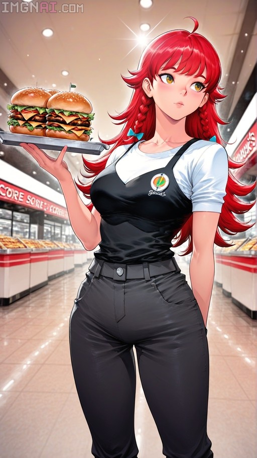 A red-haired anime girl with twin braids and blue bows holds a tray of burgers in a mall food court.