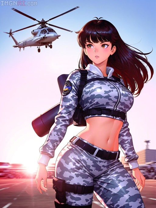 A young woman with long dark hair in a grey camouflage crop top and pants stands in front of a flying military helicopter, carrying a large weapon on her back.