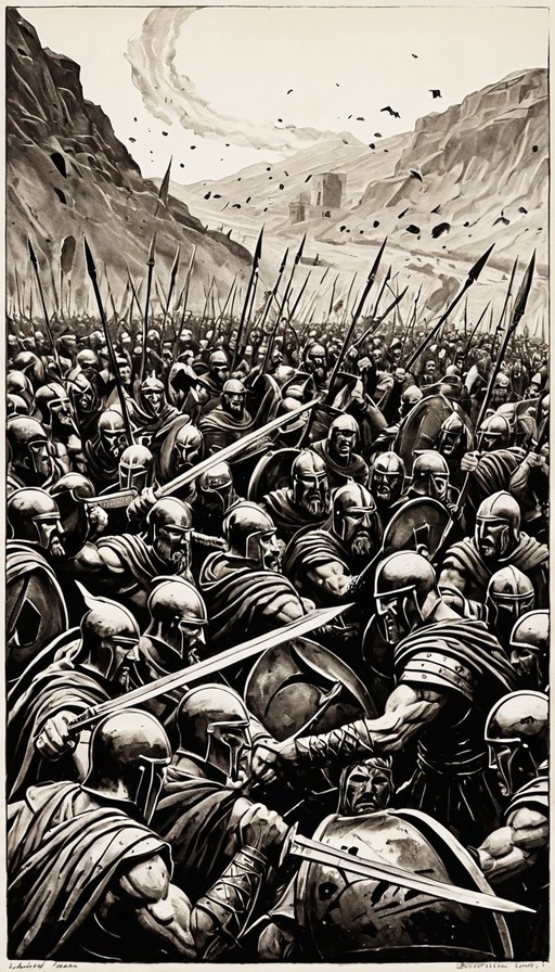 A monochrome illustration depicts a dense crowd of armored ancient warriors fighting with swords and spears in a narrow mountain pass, featuring heavy hatching and a comic book style.