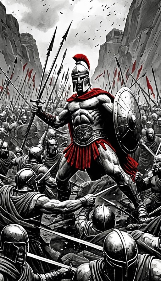 A muscular male warrior wearing a helmet with a red plume and cape stands in the center of a black and white battle scene, holding a spear and round shield while surrounded by soldiers.