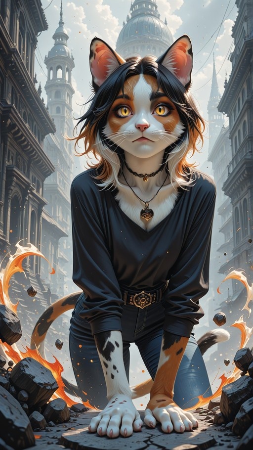A calico cat girl with yellow eyes crouching on all fours in a city street, wearing a black shirt and surrounded by flames and floating debris.