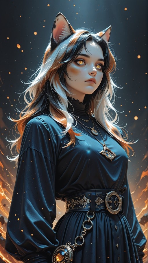 A portrait of a cat-girl with black, white, and orange hair, wearing a dark blue dress and an ornate belt with a glowing pocket watch, surrounded by floating embers.