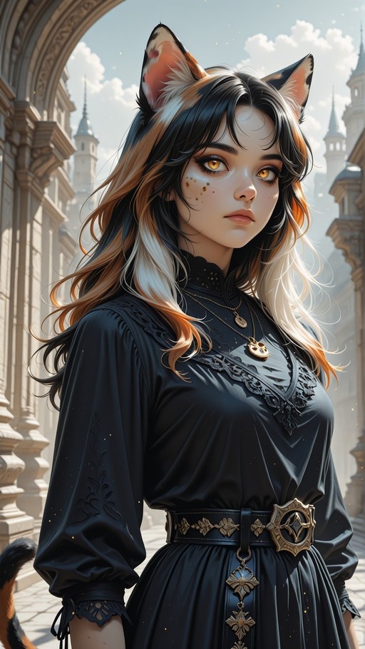 A young woman with large calico cat ears and a matching tail stands in a sunlit stone courtyard. She has long wavy hair that is black, white, and orange, golden slit-pupil eyes, and freckles. She wears an elegant black dress with lace details and a wide belt with gold ornaments.