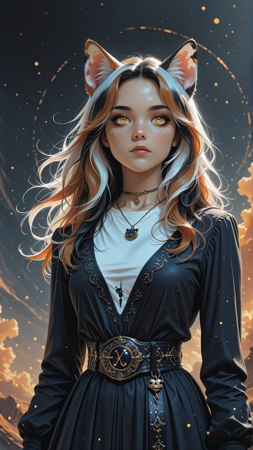 A portrait of a young woman with cat ears, long white and orange hair, and golden eyes, wearing an ornate dark blue outfit against a starry background.