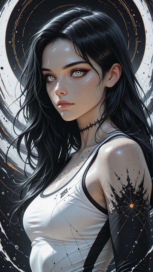 A portrait of a freckled woman with long black hair and amber eyes wearing a white tank top and black choker, displaying an intricate tattoo on her arm against a swirling background.