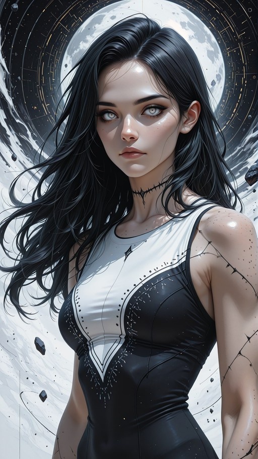 A digital illustration of a woman with long black hair and grey eyes wearing a two-toned bodysuit, standing in front of a large full moon with cosmic debris.