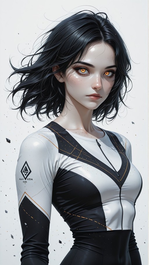 A digital illustration of a woman with short dark hair and orange eyes wearing a futuristic white and black bodysuit with gold accents.