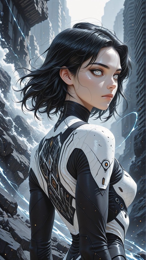 A woman with short black hair and grey eyes in a white and black futuristic suit looks over her shoulder against a ruined background.