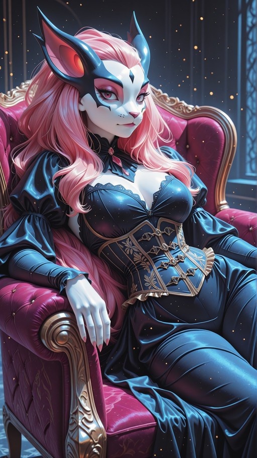 A pink-haired anthropomorphic cat girl with white fur sits in a pink velvet chair wearing a dark blue gown with gold details.