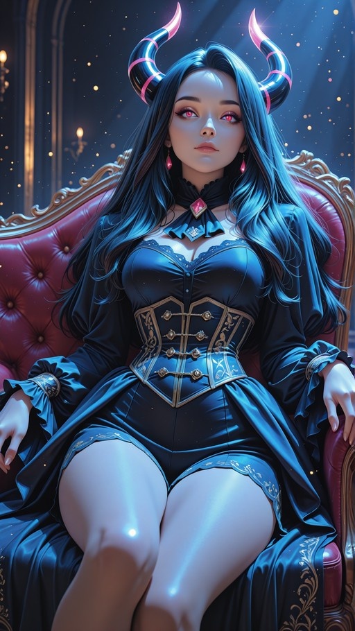 Demoness with curved horns and red eyes sitting on a red velvet chair in a blue corset dress.