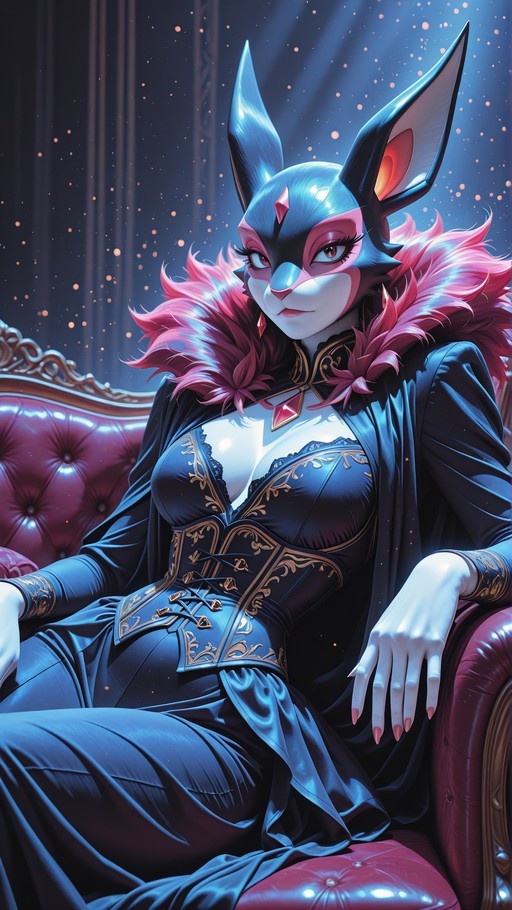 An elegant anthropomorphic female character with large pointed ears and pink fur accents sits on a plush red sofa wearing a black dress with gold trim and blue facial markings.