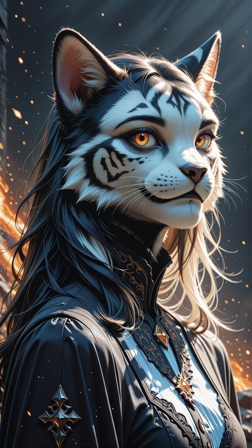 A white-furred anthropomorphic woman with black stripes, long dark hair, and orange eyes wears an ornate dark jacket while golden embers float around her.