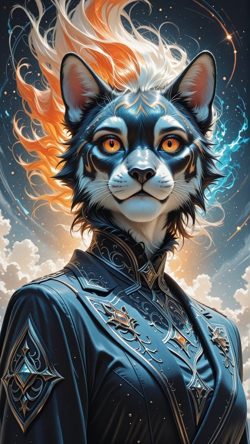 A blue-furred anthropomorphic wolf with orange eyes and long orange and white hair wears an ornate blue coat against a cloudy sky with stars.