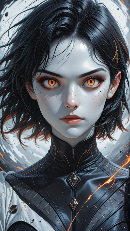 Close-up portrait of a pale-skinned woman with short black hair, orange eyes, and freckles wearing a futuristic black bodysuit with gold accents.