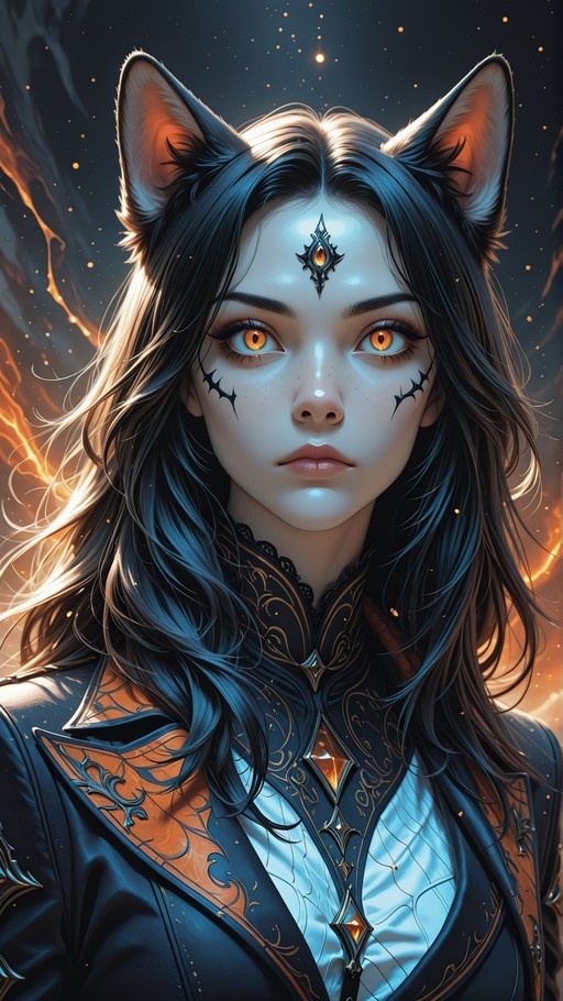 A digital illustration of a young woman with long dark hair and cat ears, featuring orange eyes, facial markings, and a gem on her forehead, wearing an elaborate black and gold outfit against a dark background with floating light particles.