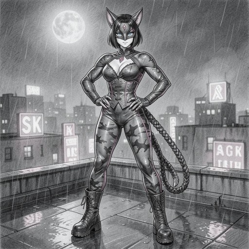 A black and white drawing of a cat-eared woman in a superhero costume standing on a rainy rooftop at night with a full moon behind her.
