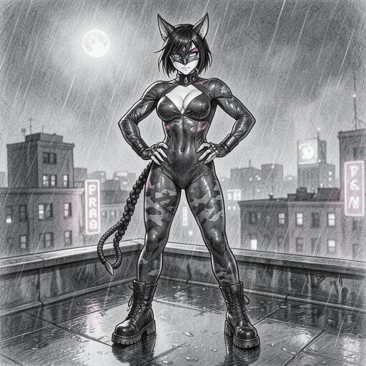 A cat-eared woman in a black mask and tight bodysuit stands with hands on hips on a wet rooftop under a full moon.