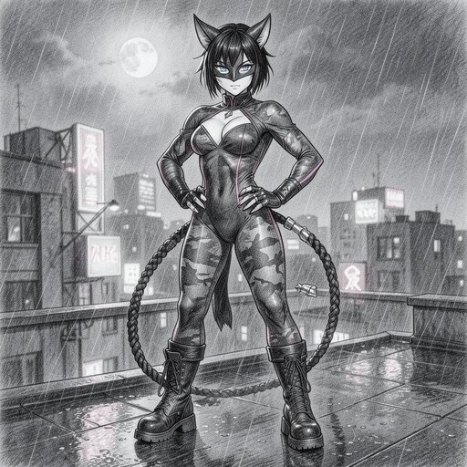A monochrome sketch of a cat-eared woman in a tight bodysuit and domino mask standing on a rainy rooftop at night, holding a whip with a full moon in the background.