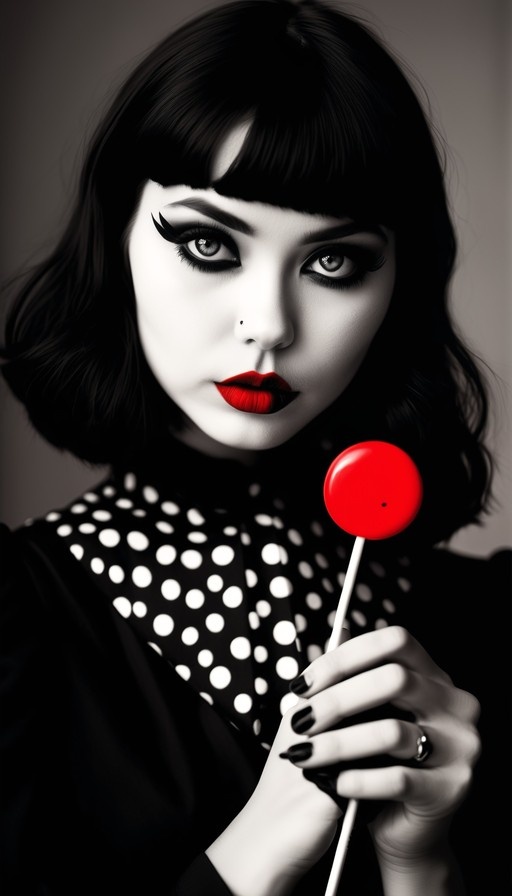 A stylized portrait of a woman with short black hair and bangs holding a bright red lollipop. She has pale skin, heavy eye makeup, and red lipstick, wearing a black polka-dot top against a grey background.