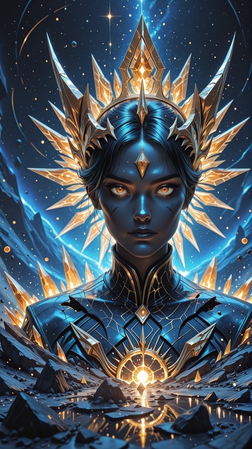 A blue-skinned woman with orange eyes wearing a large golden crown stands in a cosmic landscape filled with stars and planets.