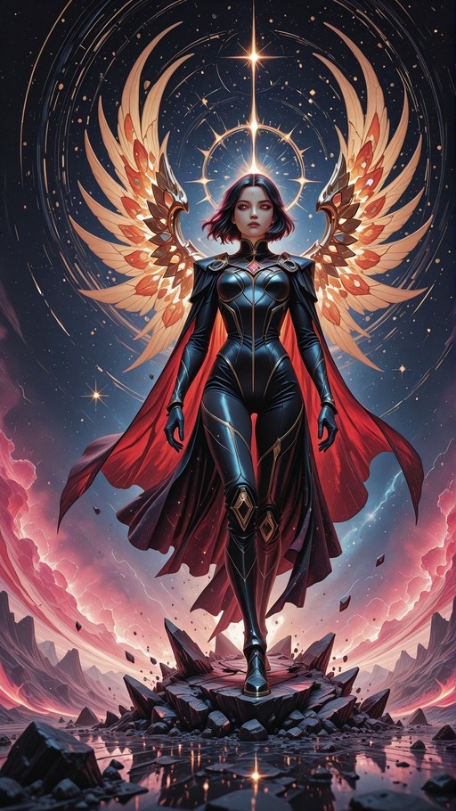 A full-body illustration of a female warrior with large golden wings and short dark hair, wearing a black armored suit and red cape, standing on a floating rock in a starry sky.
