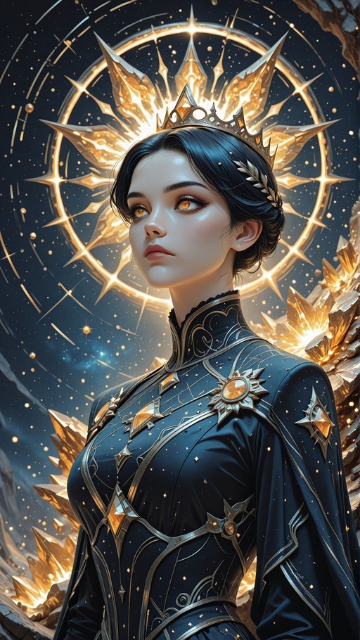 A fantasy queen with dark hair and orange eyes wearing a golden crown and an elaborate dark blue dress stands before a large glowing golden sunburst symbol against a starry night sky.