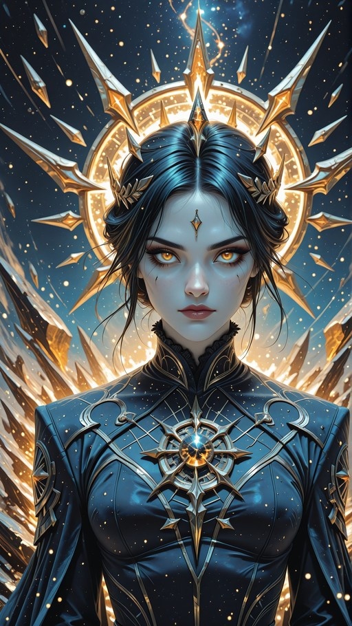 A pale-skinned fantasy character with dark hair and glowing amber eyes wears an ornate blue outfit and a spiked golden halo against a starry background with floating crystals.
