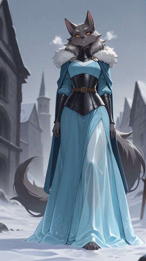 A full-body illustration of a grey anthropomorphic wolf girl with yellow eyes wearing a long blue dress and black armor standing in the snow.