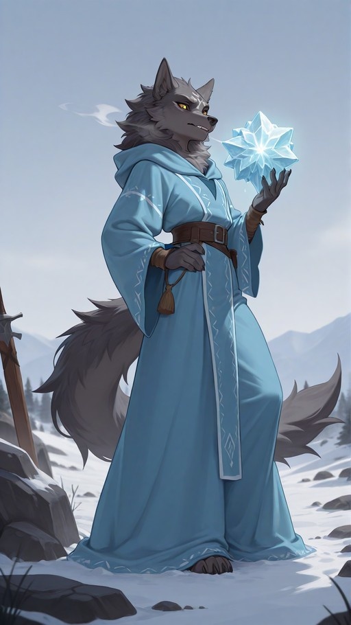 Anthropomorphic grey wolf character in a blue robe standing in snow, holding a glowing ice crystal.