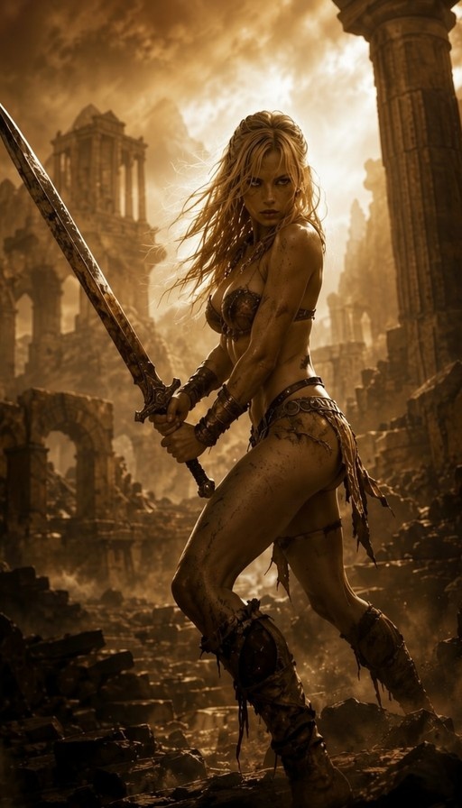 A full-body shot of a muscular blonde woman in tattered leather armor holding a large sword, standing amidst crumbling stone ruins under a warm sepia sky.