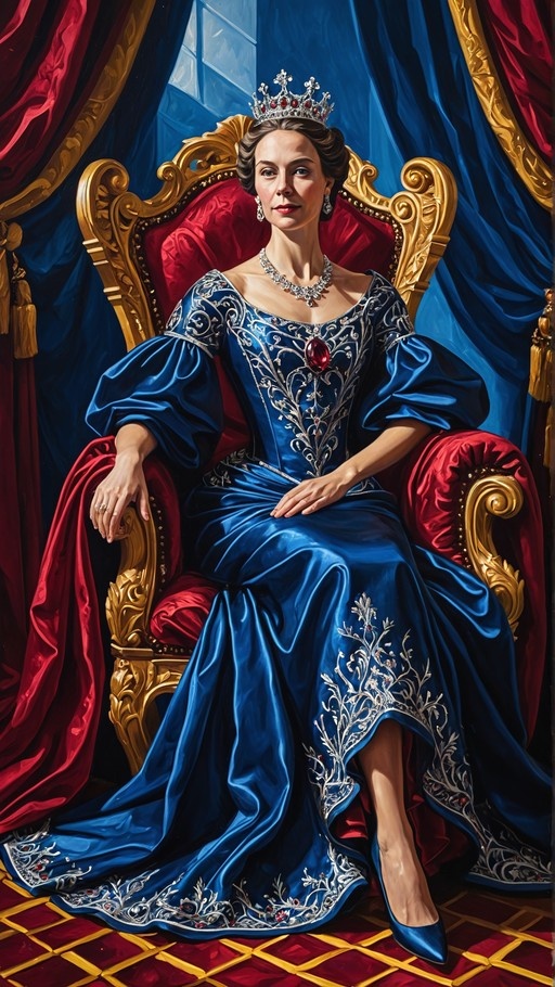 A queen in a blue gown and crown sits on a golden throne.