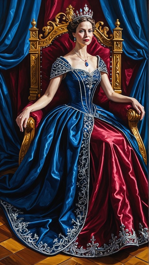 Full-body digital painting of a regal woman wearing a crown and an elaborate blue gown with silver embroidery, seated on a large ornate golden throne with red cushions against a backdrop of heavy blue drapes.