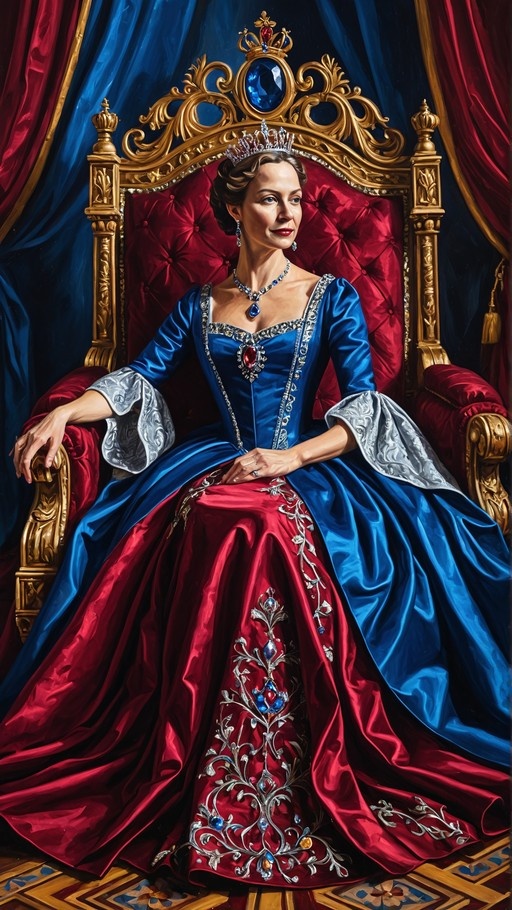 A woman in a blue and red gown sits on a golden throne wearing a tiara.
