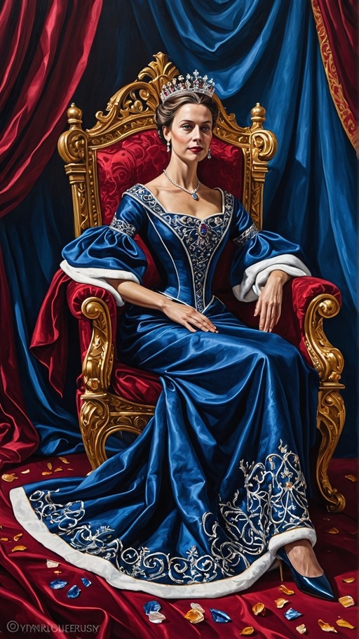 A woman in a blue gown and crown sitting on a golden throne with red curtains behind her.