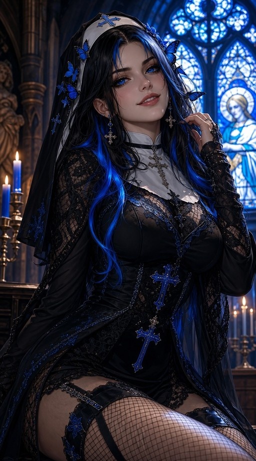 A gothic nun with blue-streaked black hair and blue eyes sits in a church, wearing a black lace habit and fishnet stockings while holding a cross necklace.