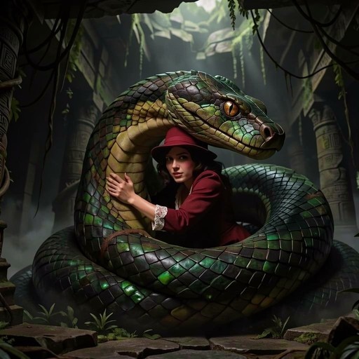 A young woman wearing a red hat and dress stands amidst the coils of a giant green snake within mossy ancient ruins.