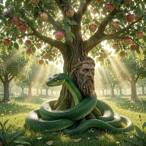An elderly bearded man with a golden circlet leans against a tree trunk while a large green snake coils around the base in an apple orchard.