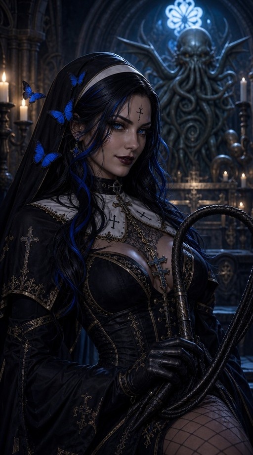 A gothic nun with blue-streaked hair holds a whip while surrounded by blue butterflies in a dark church with a large Cthulhu statue in the background.