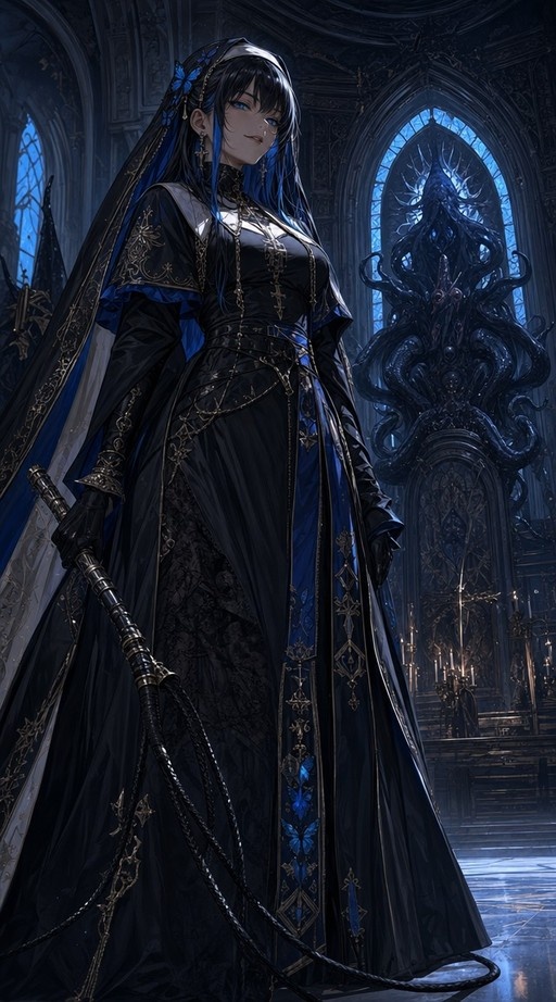 Ouro Kronii in a black and blue gothic nun dress holding a whip inside a cathedral with a tentacled statue