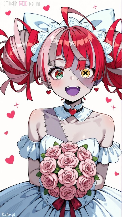 A digital illustration of Kureiji Ollie as a zombie bride in a white dress holding a bouquet of pink roses.