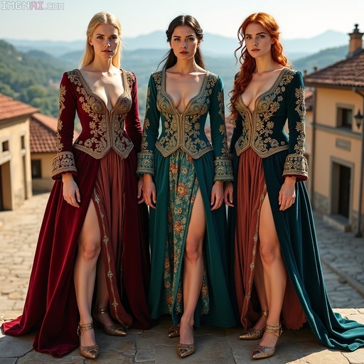 Three women in elaborate red and green velvet gowns standing on a stone terrace with mountains in the background.