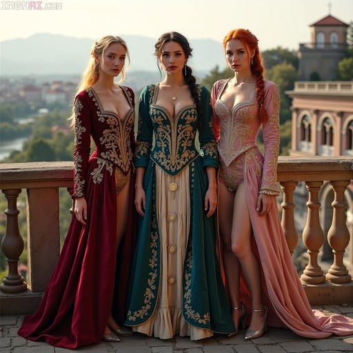 Three women in ornate red, green, and pink historical gowns with gold embroidery standing on a balcony overlooking a city.
