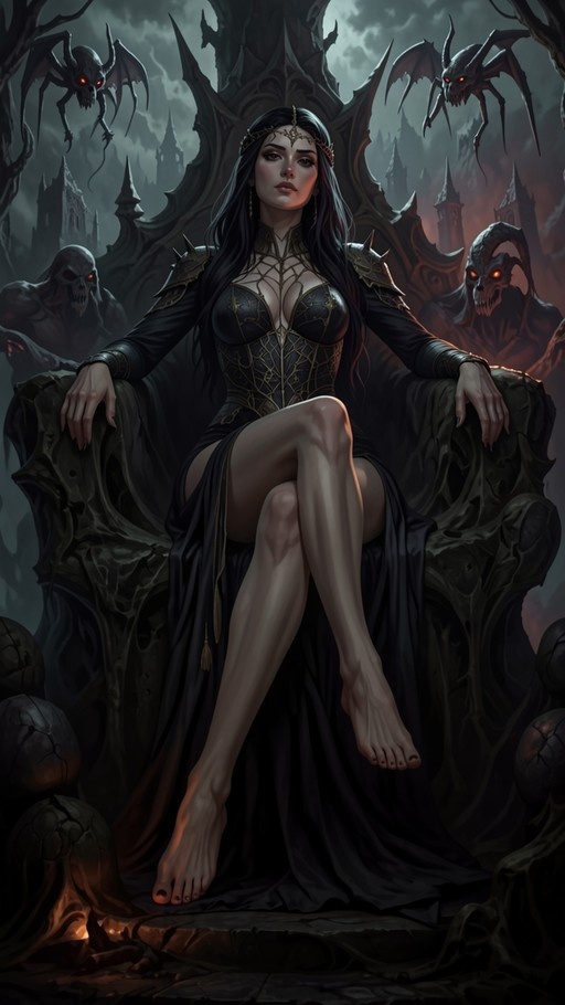 A barefoot woman with long black hair and a gold circlet sits cross-legged on a large, spiky stone throne in a dark fantasy setting, flanked by skeletal figures and flying demons.