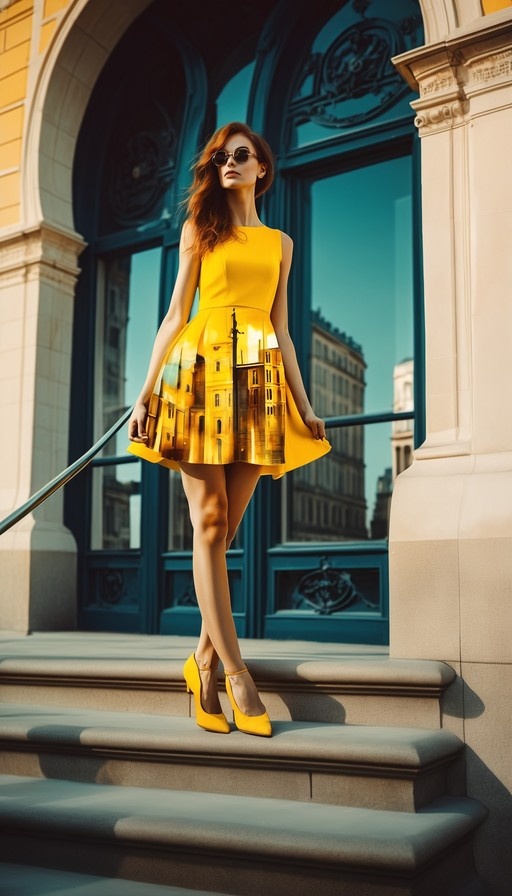 A woman with long brown hair and sunglasses stands on stone steps wearing a yellow sleeveless dress with a cityscape print on the skirt and matching yellow heels.